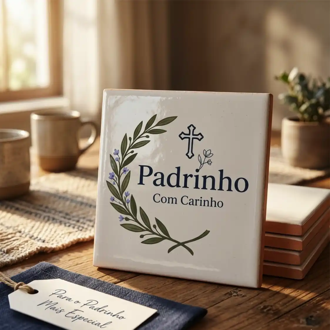 Azulejo Decorativo "Padrinho com Carinho" – Edição Olive & Cross com Suporte